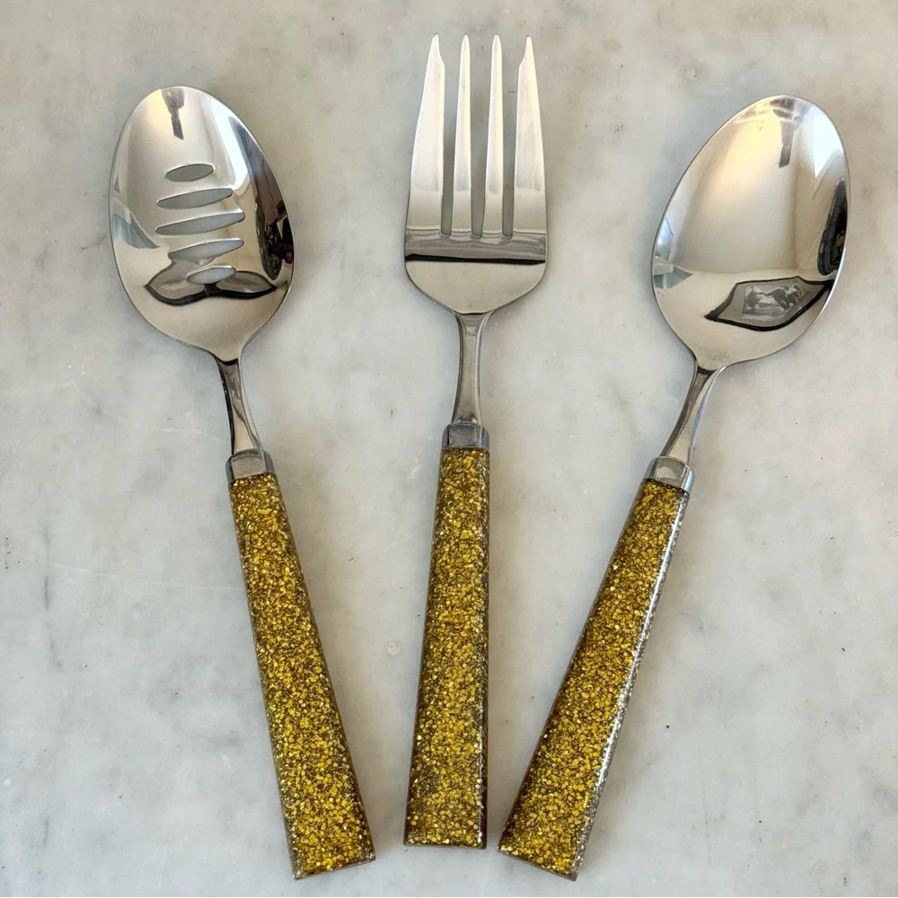 3 Piece Gold Glitter Lucite Serving Pieces Slotted Spoon, Serving Spoon & Fork‎